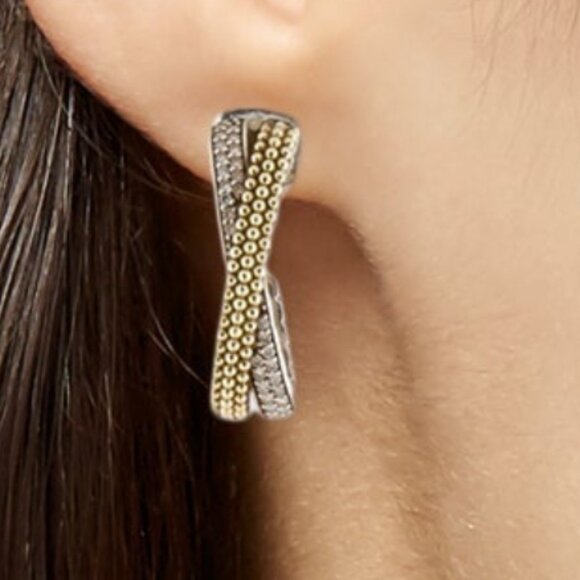 LAGOS TWO-TONE 14K YELLOW GOLD & STERLING SILVER CAVIAR X DIAMOND HOOP EARRINGS - Picture 6 of 6